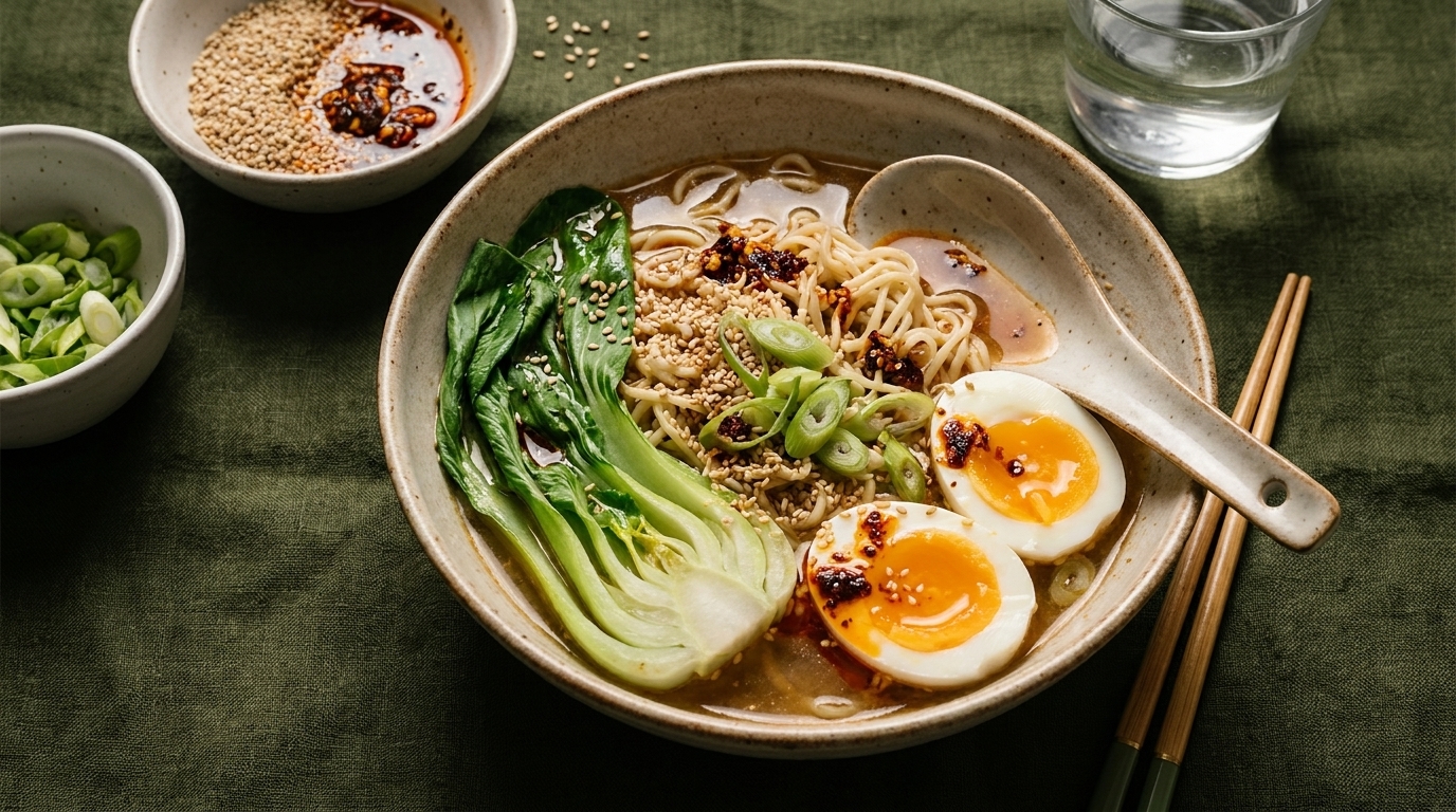 Schüssel Ramen mit Brühe, Nudeln, Pak Choi, halbierten weichgekochten Eiern, Frühlingszwiebeln und würzigem Chiliöl.