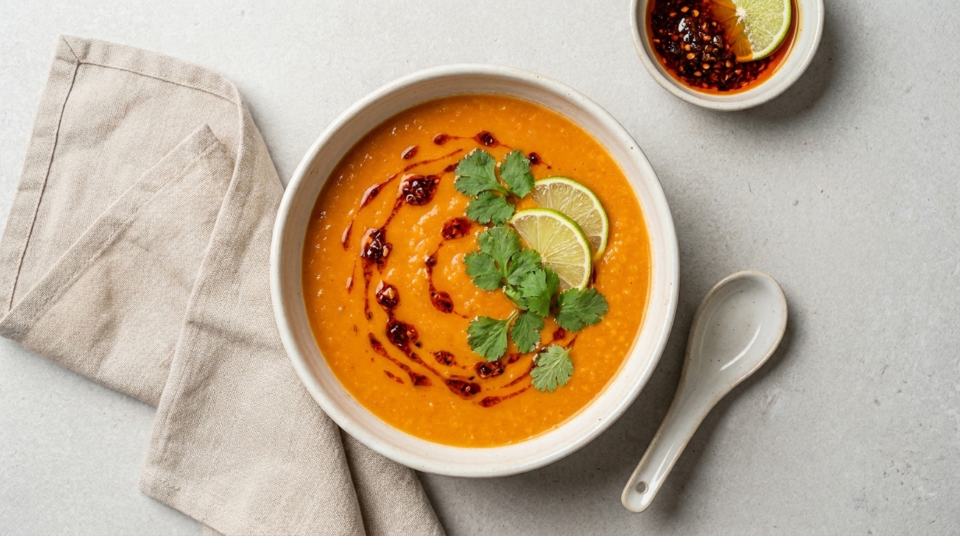 Schüssel mit cremiger orangener Suppe, garniert mit Limettenscheiben, Korianderblättern und einer Spirale aus Chiliöl.