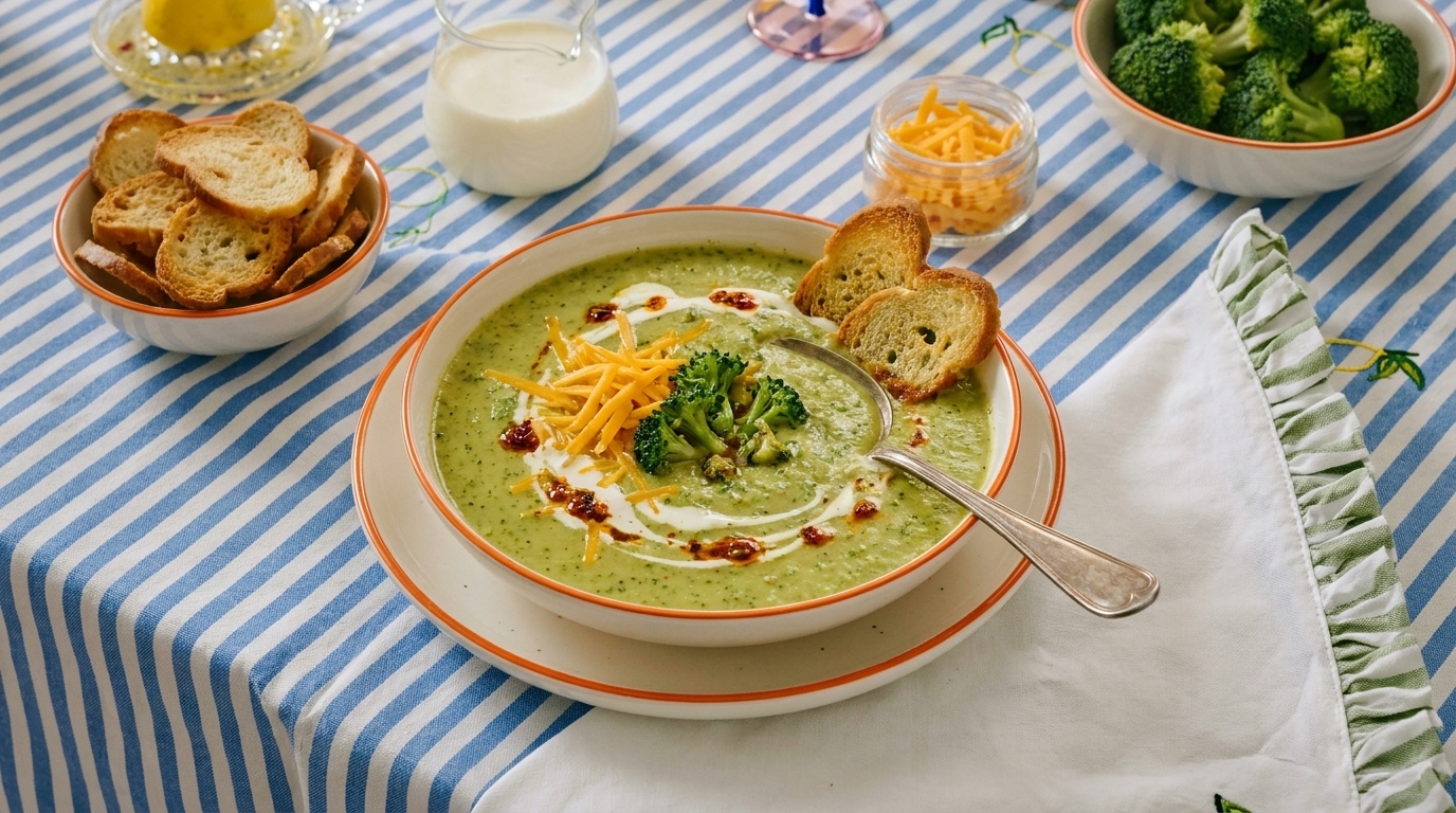 Cremige grüne Brokkolisuppe in einer Schale, garniert mit Sahne, geriebenem Käse, Brokkoliröschen und Chiliöl; dazu zwei geröstete Brotscheiben und ein Löffel.