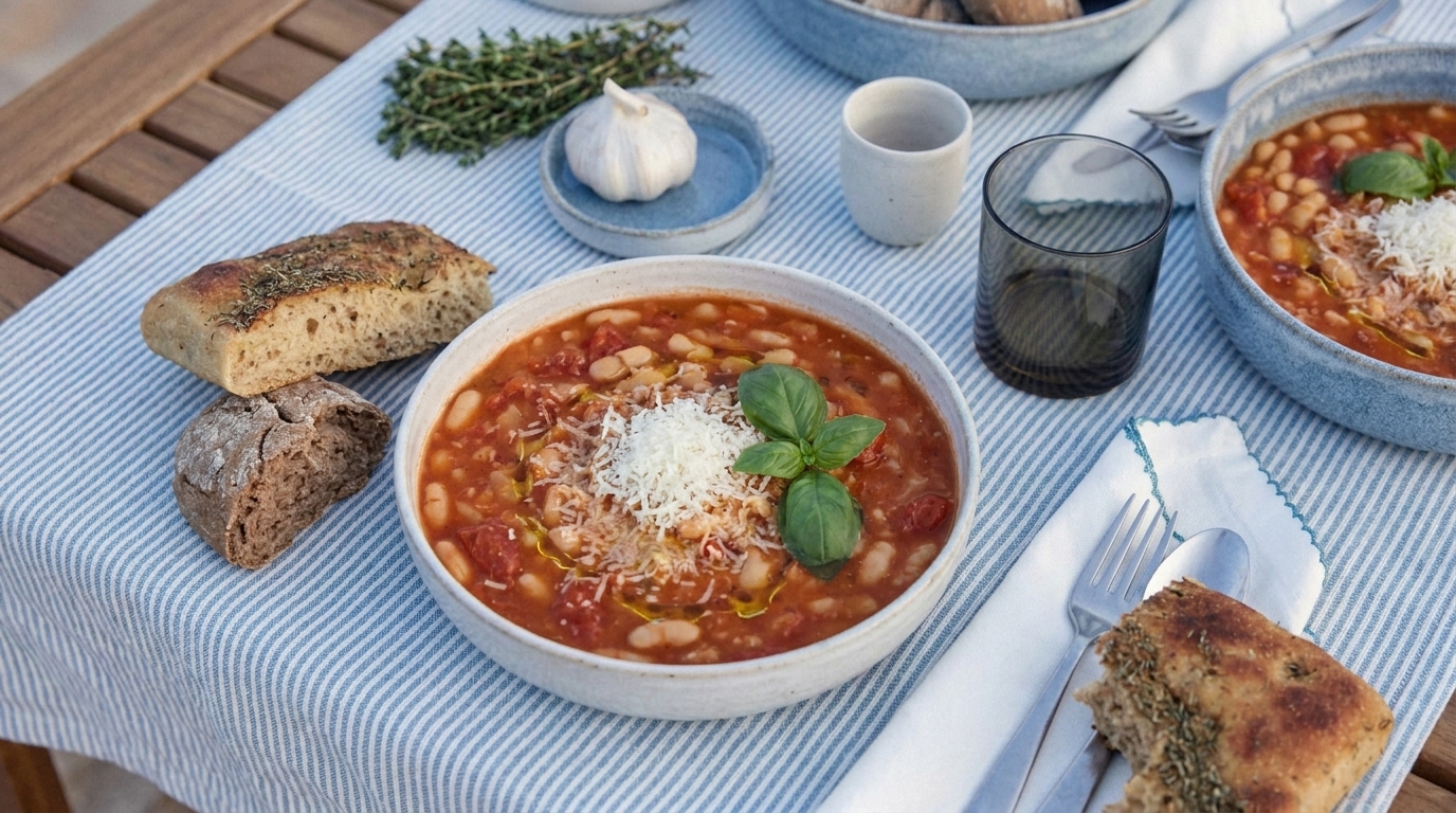 Schale mit Tomaten-Bohnensuppe, weißen Bohnen, geriebenem Käse und Basilikum, daneben rustikales Brot auf einem gedeckten Tisch.