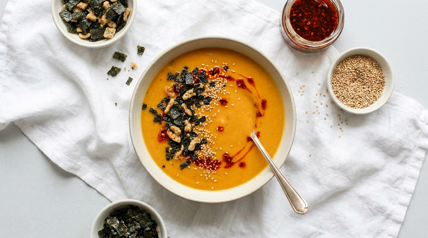 Schale mit cremiger oranger Suppe, garniert mit zerbröselten Algen, Sesam und Chiliöl; ein Löffel in der Schale, kleine Schälchen mit weiteren Toppings daneben.