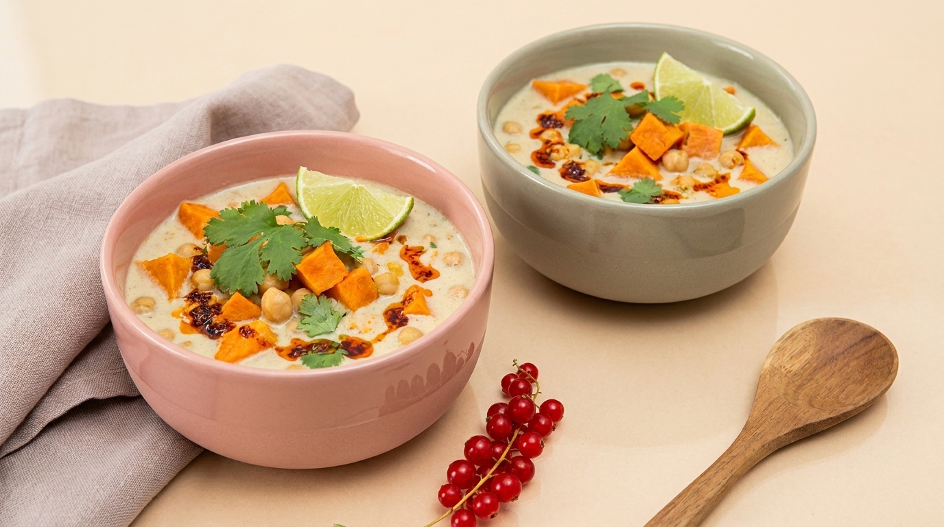 Zwei Schüsseln mit cremiger Suppe, garniert mit Limettenschnitz, Koriander, gerösteten Süßkartoffelwürfeln, Kichererbsen und Chilipaste.