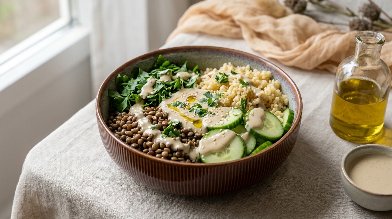 Vegetarische Bowl mit braunen Linsen, Couscous, Gurkenscheiben, frischem Rucola und cremigem Tahini-Dressing.