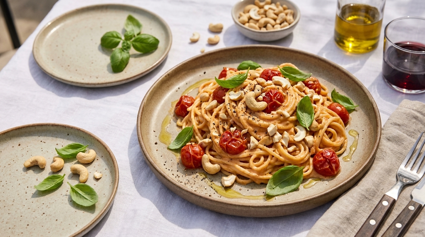 Teller mit Pasta (Spaghetti) in cremiger Tomatensauce, garniert mit gerösteten Kirschtomaten, frischen Basilikumblättern und gehackten Cashewnüssen.