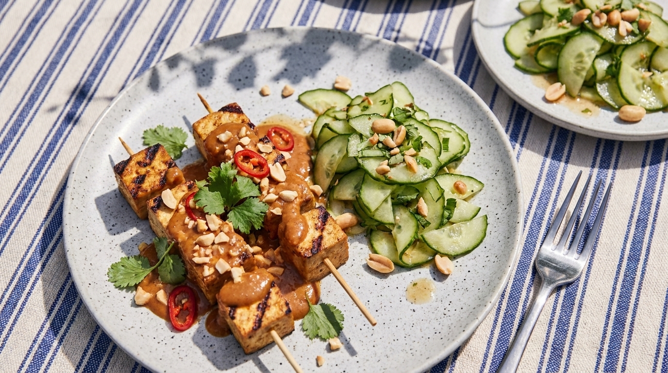 Teller mit drei gegrillten Tofu-Spießen, überzogen mit Erdnusssauce und garniert mit gehackten Erdnüssen, Koriander und roten Chilischeiben; dazu dünn geschnittener Gurkensalat mit Erdnussstücken.