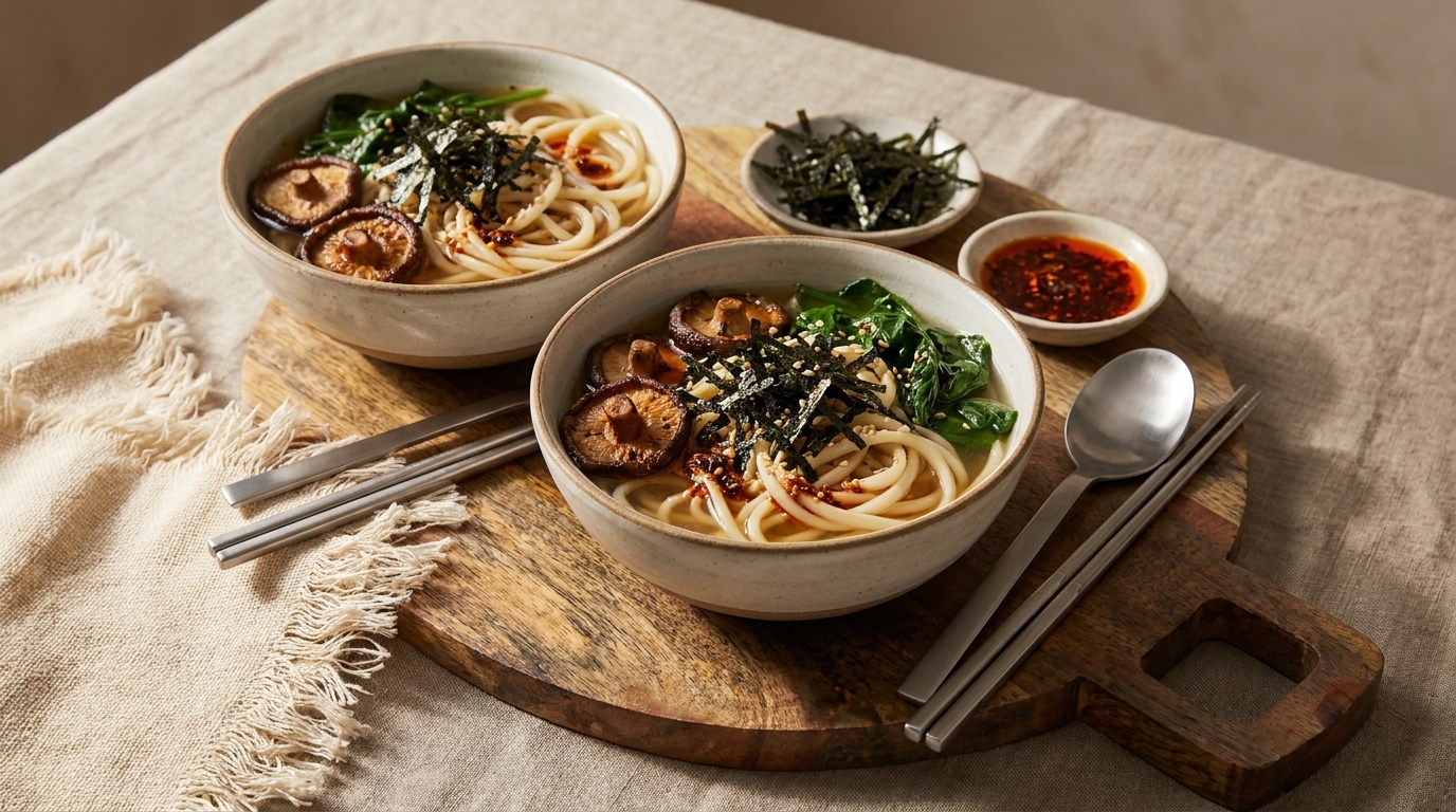 Zwei Schalen Udon-Nudelsuppe mit Shiitake-Pilzen, grünem Blattgemüse, Streifen getrockneten Nori und Sesamsamen, dazu kleine Schälchen mit Chili-Soße und zusätzlichem Nori sowie Essstäbchen und Löffel.