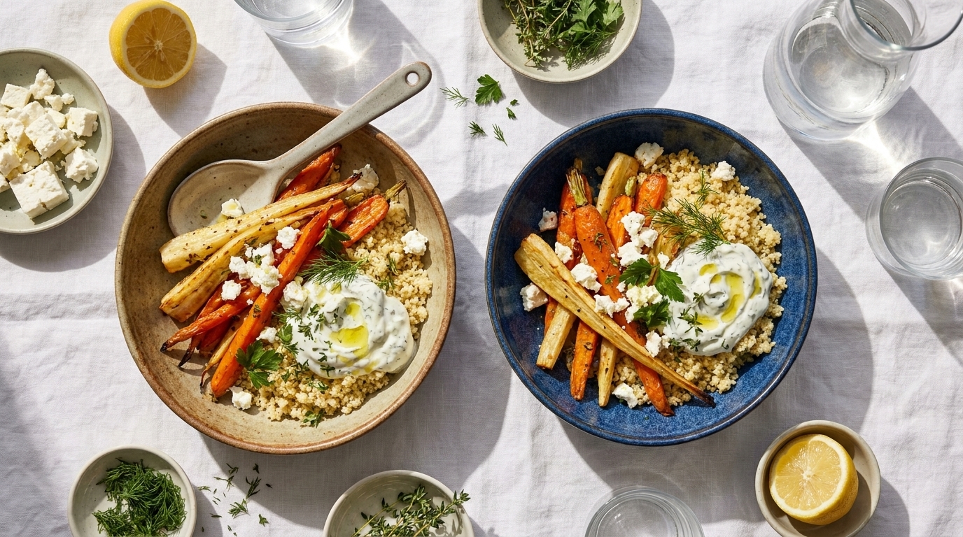 Zwei Schalen mit Couscous, gerösteten Karotten und Pastinaken, jeweils mit Joghurt‑Tupfen, Olivenöl, zerbröseltem Feta und frischen Kräutern garniert.