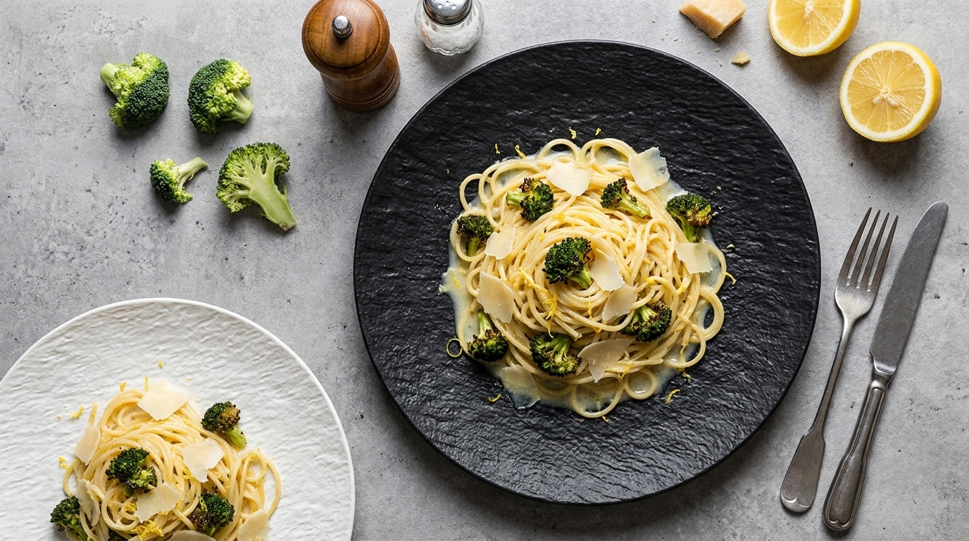 Spaghetti mit Brokkoliröschen und Parmesanhobeln auf einem schwarzen, runden Teller.