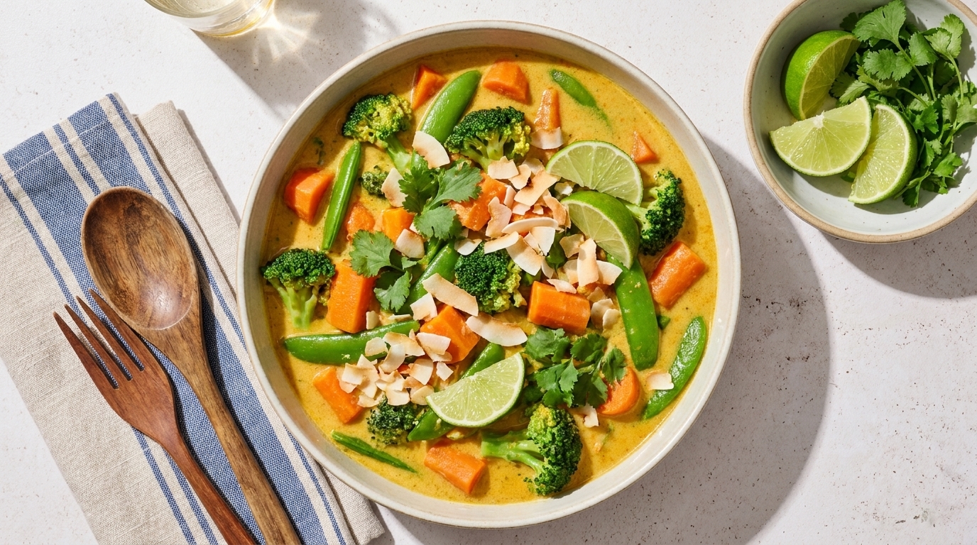Schüssel mit gelbem Kokos‑Gemüsecurry: Brokkoli, Süßkartoffelwürfel, Zuckerschoten, Limettenscheiben, Koriander und geröstete Kokosflocken; daneben kleine Schale mit Limetten und Kräutern.