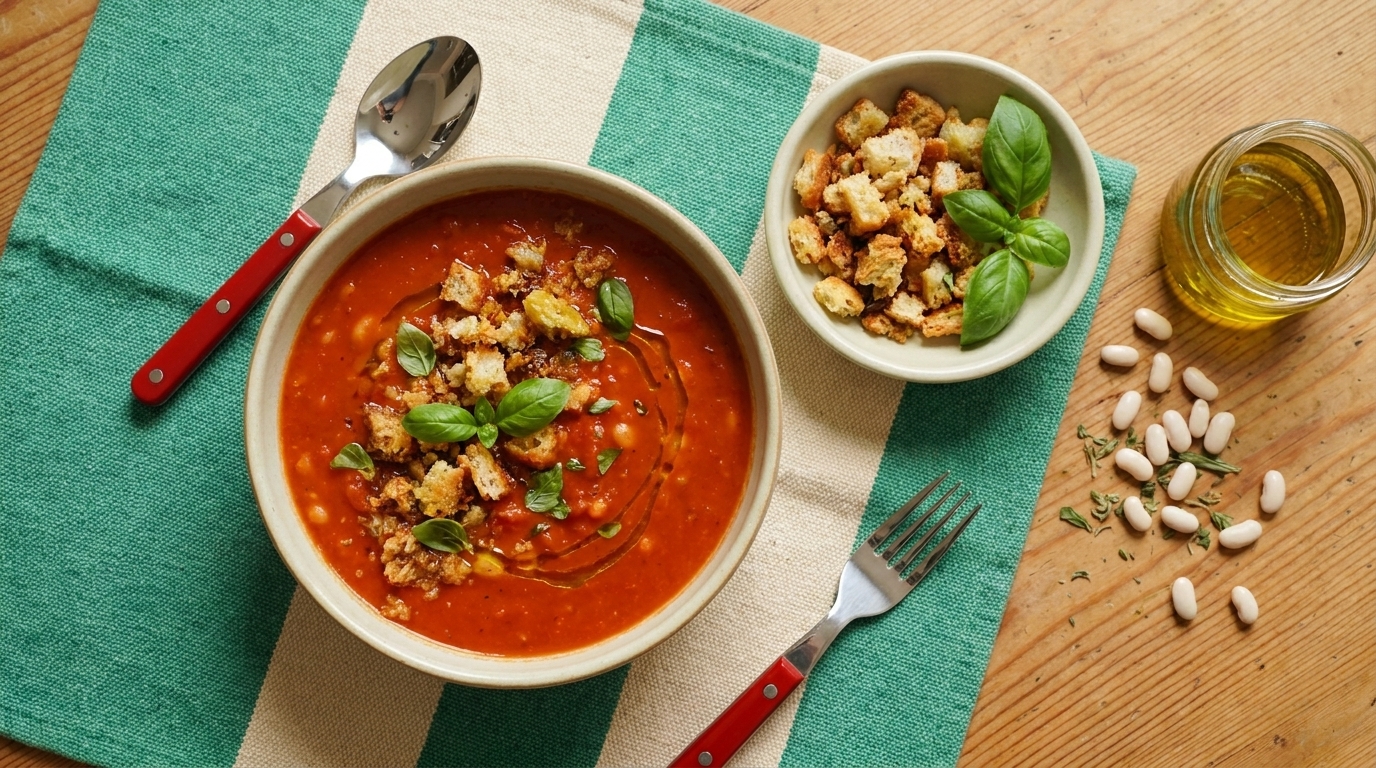 Rote Tomatensuppe in einer Schüssel, garniert mit Basilikumblättern, Croutons und Olivenöl; daneben ein kleines Schälchen mit zusätzlichen Croutons.