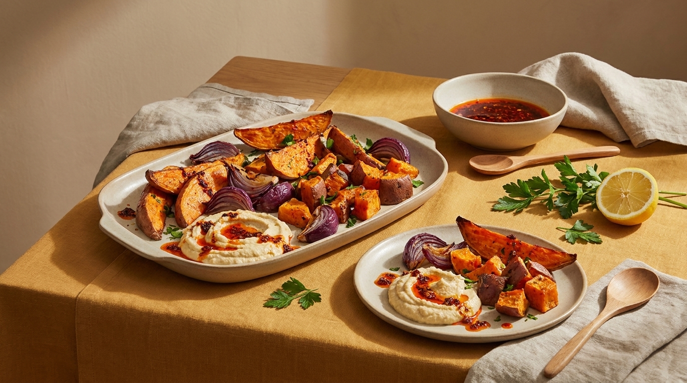 Servierplatte und kleiner Teller mit gerösteten Süßkartoffelspalten und roten Zwiebeln, dazu Hummus mit Chiliöl, frische Petersilie und eine Zitronenhälfte; Schale mit Dip im Hintergrund.