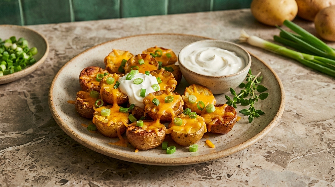 Teller mit knusprigen, aufgeschnittenen Mini-Kartoffeln, überbacken mit geschmolzenem Käse, garniert mit saurer Sahne, gehackten Frühlingszwiebeln und Kräutern.