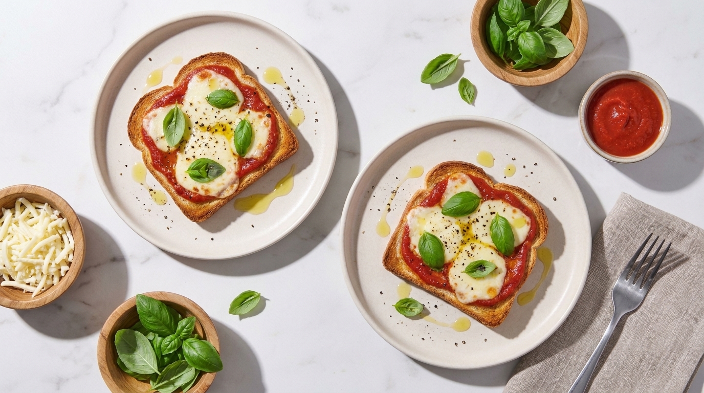 Zwei offene Toasts mit Tomatensauce, geschmolzenem Mozzarella, frischen Basilikumblättern und Olivenöl auf weißen Tellern.
