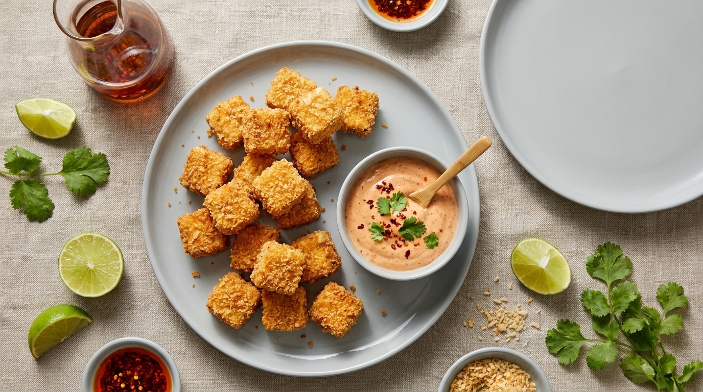 Graue Platte mit knusprigen, goldbraunen, panierten Nugget‑Würfeln und einer Schale cremigem Dip, garniert mit Kräutern; Limettenviertel und frische Korianderblätter daneben.