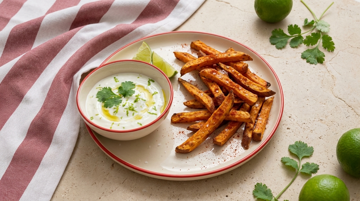 Auf einem Teller: knusprige Süßkartoffel-Pommes mit Limettenspalten und einer kleinen Schale cremigen Dips, garniert mit frischem Koriander.