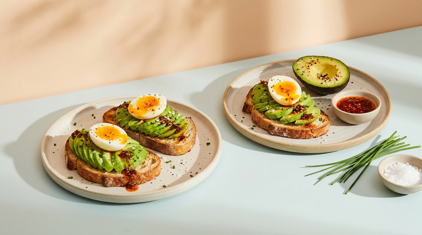 Zwei Teller mit Avocado-Toast: geröstetes Brot belegt mit fächerförmigen Avocadoscheiben und halbierten weichgekochten Eiern, gewürzt mit schwarzem Pfeffer und Sesam. Daneben kleine Schalen mit Chilisauce, Salz und etwas Schnittlauch.