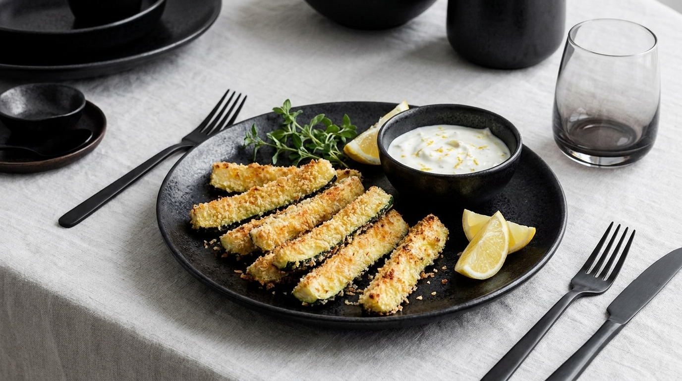 Schwarzer Teller mit knusprig goldbraunen, panierten Zucchinisticks, dazu ein Schälchen weißer Dip und zwei Zitronenschnitze; Besteck am Teller.