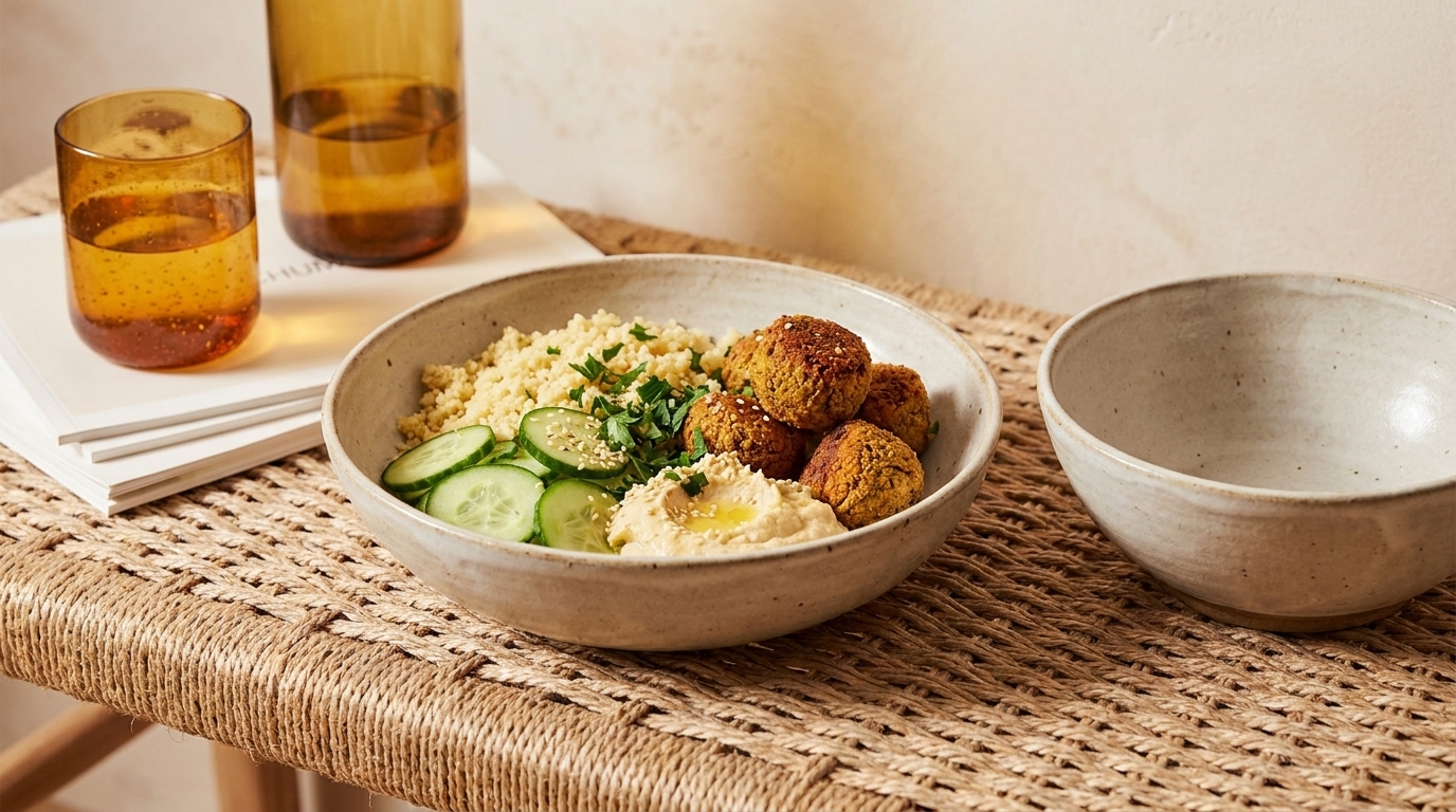 Schüssel mit Falafelbällchen, Hummus, Couscous, frischen Gurkenscheiben und gehackten Kräutern.