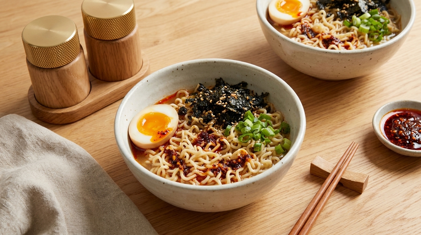 Zwei Schalen Ramen-Nudeln mit halbierten weich gekochten Eiern, gehackten Frühlingszwiebeln, zerrissenem Nori, Sesam und Chili-Öl; Essstäbchen liegen daneben.