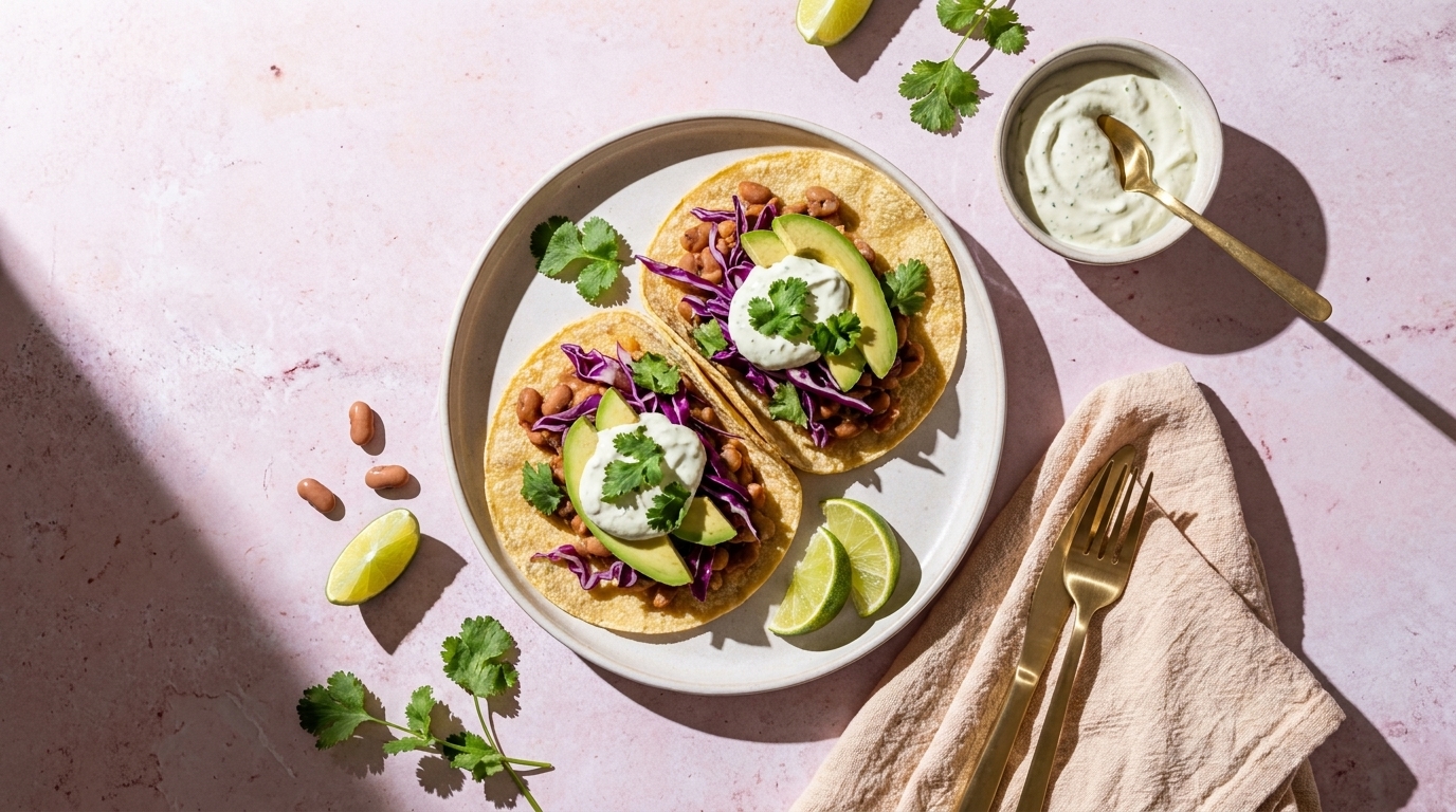 Zwei vegetarische Maistacos auf einem Teller, gefüllt mit Bohnen, Rotkohl, Avocadoscheiben, einem Klecks Sauerrahm und frischem Koriander, dazu Limettenspalten.