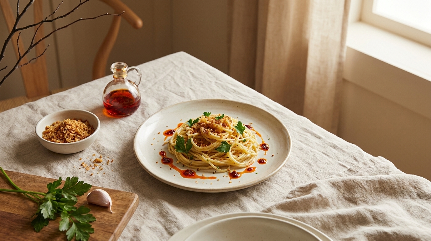 Teller mit Spaghetti, Petersilie, Knoblauch und Chili‑Öl, garniert mit gerösteten Semmelbröseln, auf einem hellen, rustikalen Tisch.