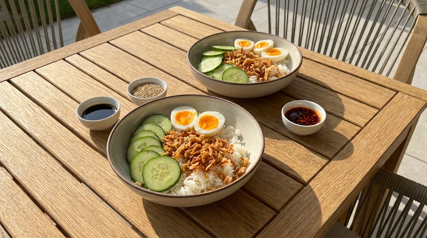 Zwei Schalen mit Reis, zerkleinertem Hühnchen, Gurkenscheiben und halbierten weichgekochten Eiern, dazu kleine Schälchen mit Sojasauce, Sesam und Chilisauce auf einem Holztisch.