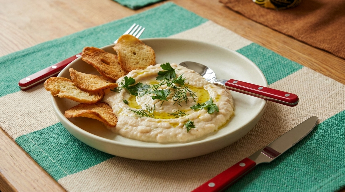Schale mit cremigem Dip (Hummus-ähnlich), beträufelt mit Olivenöl und frischen Kräutern, serviert mit gerösteten Brotscheiben auf einem Teller; Besteck liegt daneben.