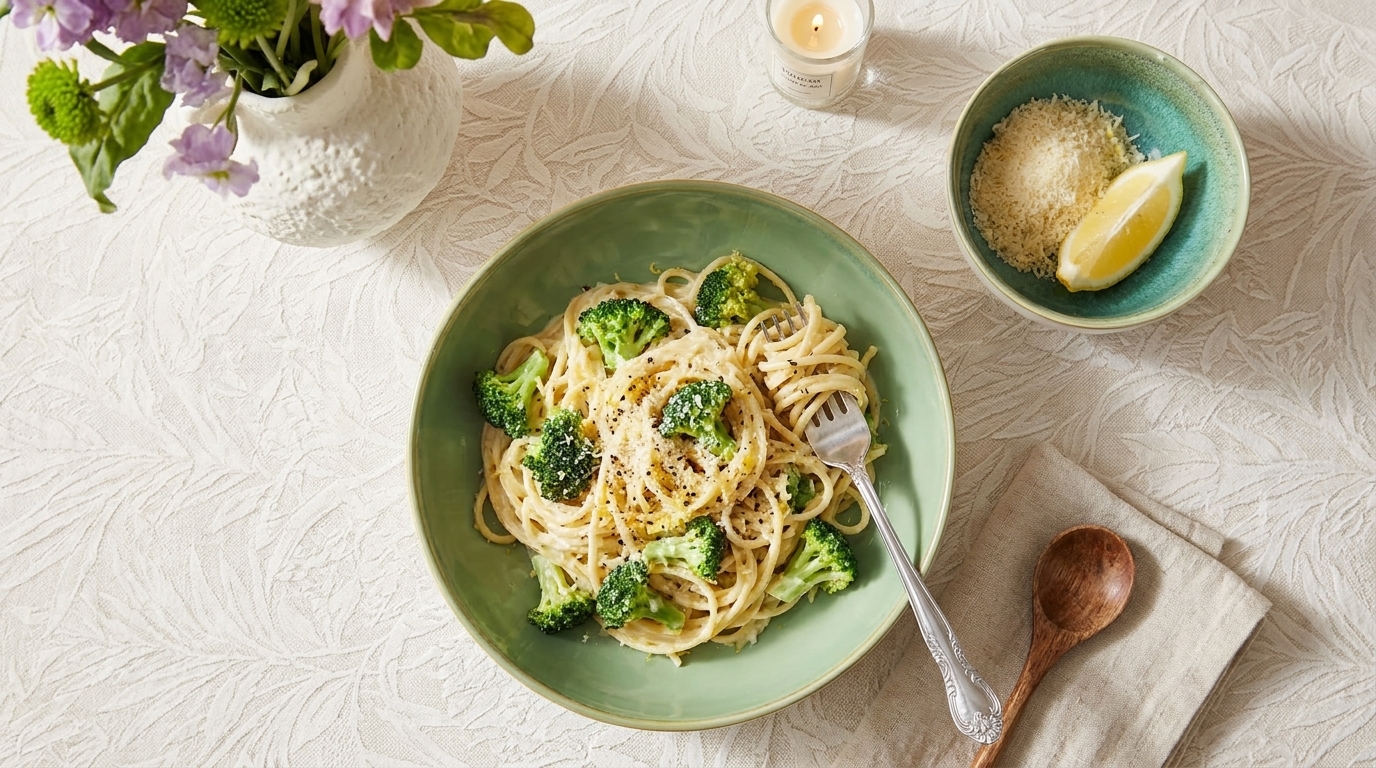 Grüner Teller mit Spaghetti in cremiger Sauce, garniert mit Broccoli‑Röschen und geriebenem Parmesan; eine Gabel steckt in der Pasta, daneben ein Schälchen mit Parmesan und Zitronenschnitz.