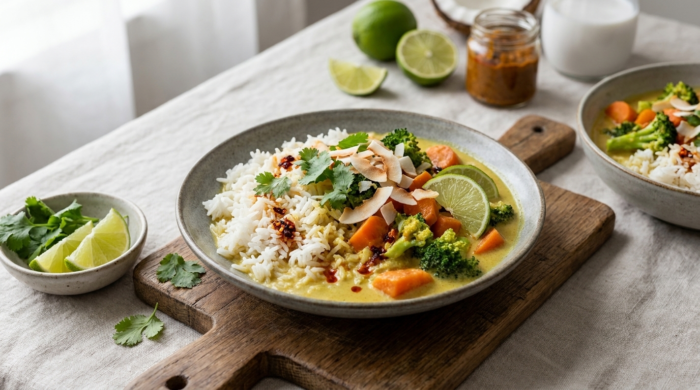 Teller mit Reis und cremigem grünem Curry mit Brokkoli, Karotten, Limettenscheibe und frischem Koriander.