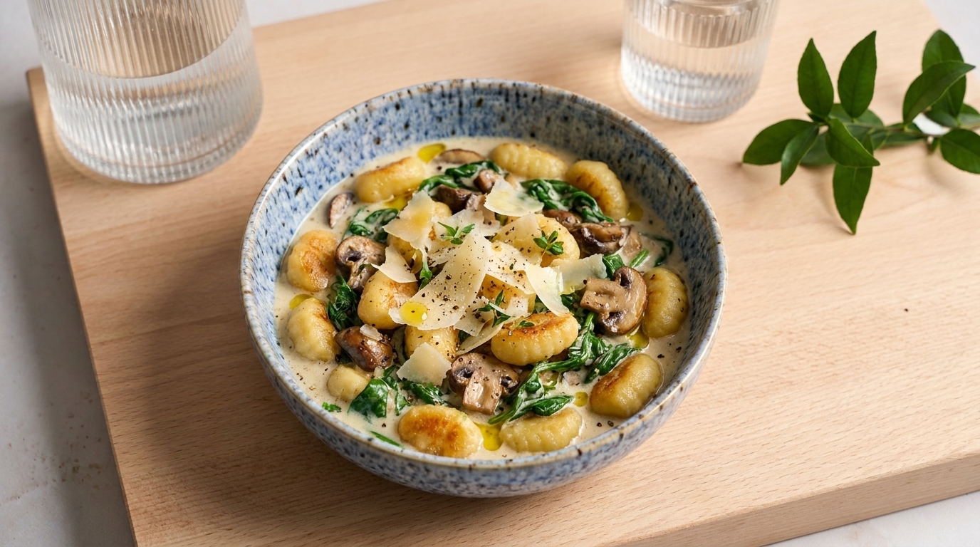 Schüssel mit gebratenen Gnocchi in cremiger Sauce, Champignons, Spinat und Parmesanspänen, mit Kräutern garniert.