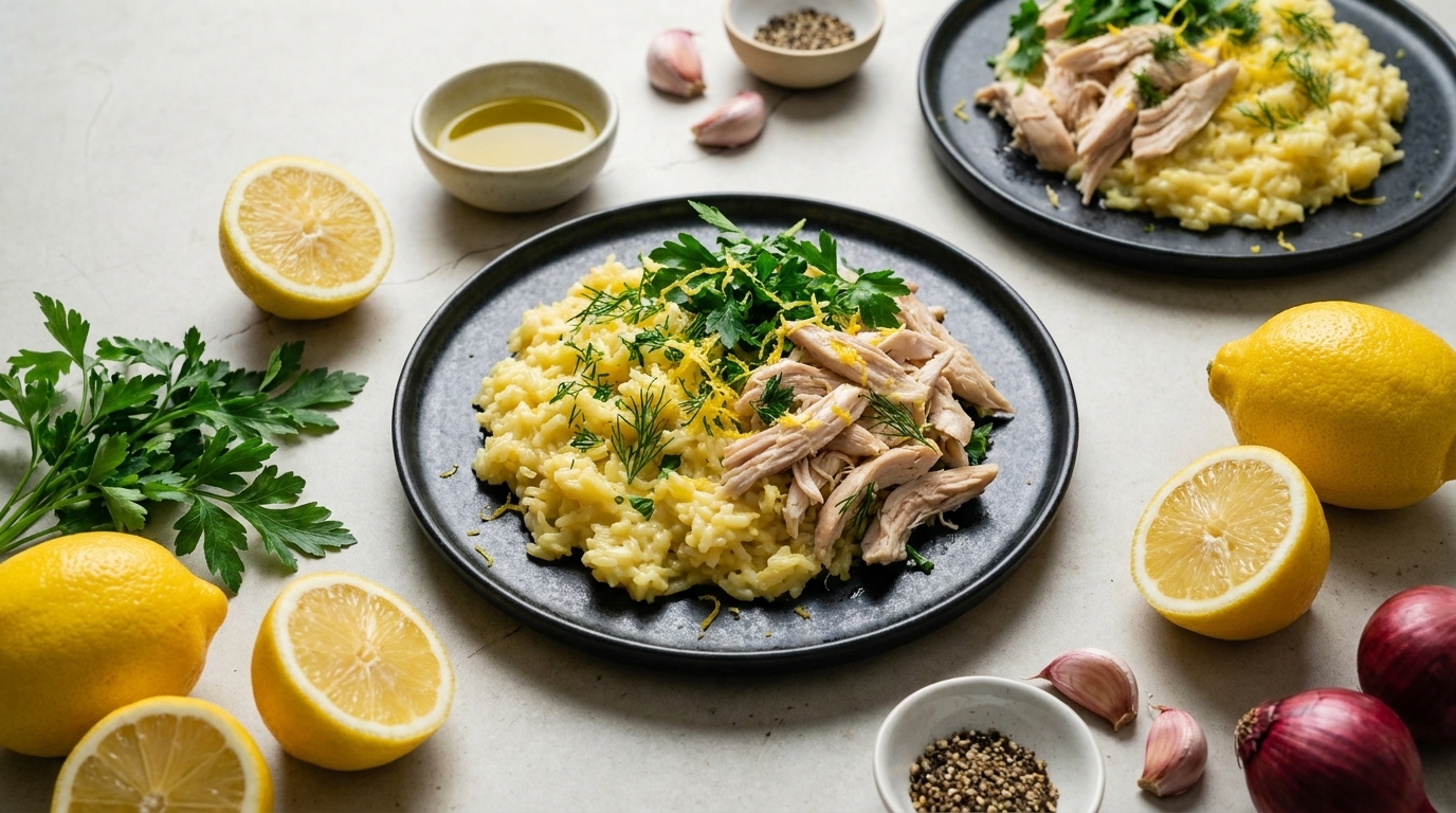 Zwei Teller mit cremigem Zitronenrisotto, belegt mit gezupftem Hähnchen und frischen Kräutern (Petersilie, Dill).