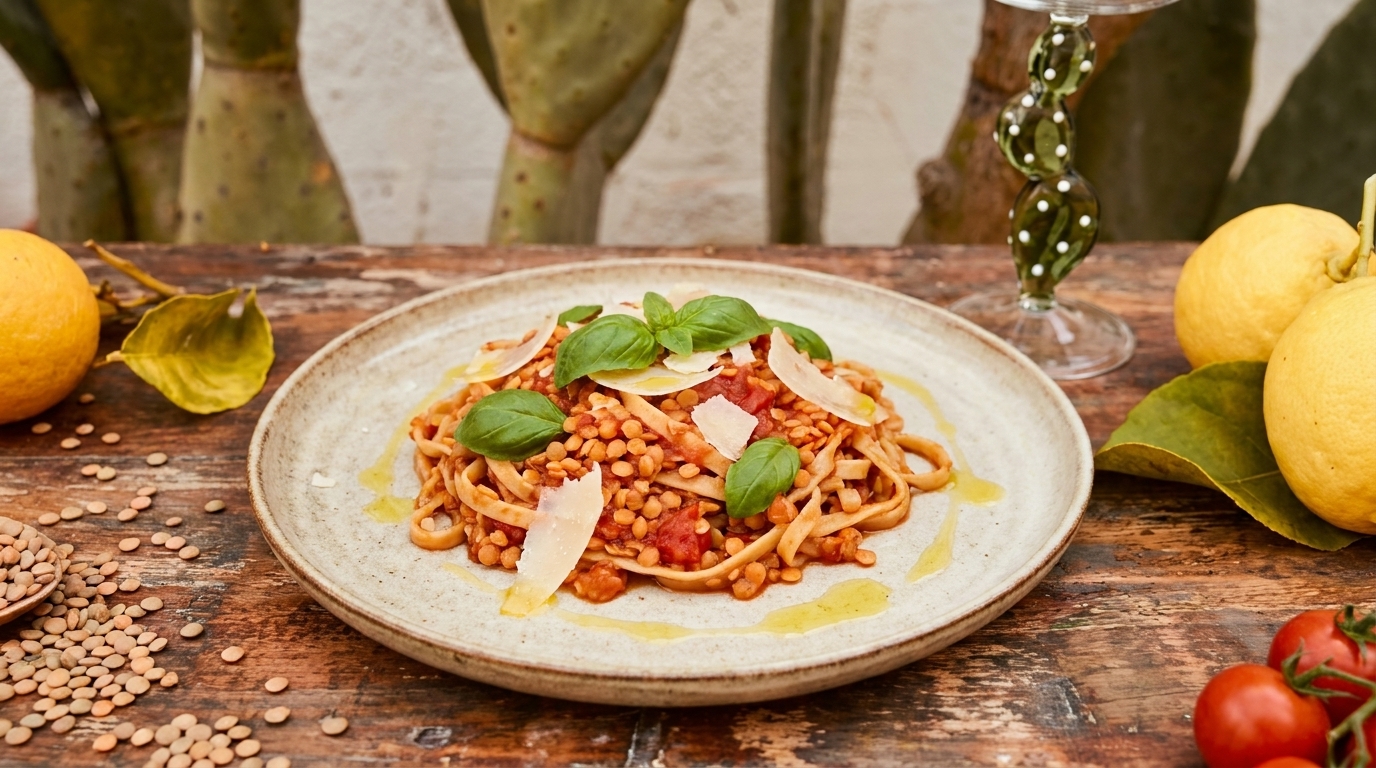 Teller mit gedrehter Pasta in Linsen‑Tomatensoße, garniert mit Basilikumblättern, Parmesanspänen und einem Schuss Olivenöl.