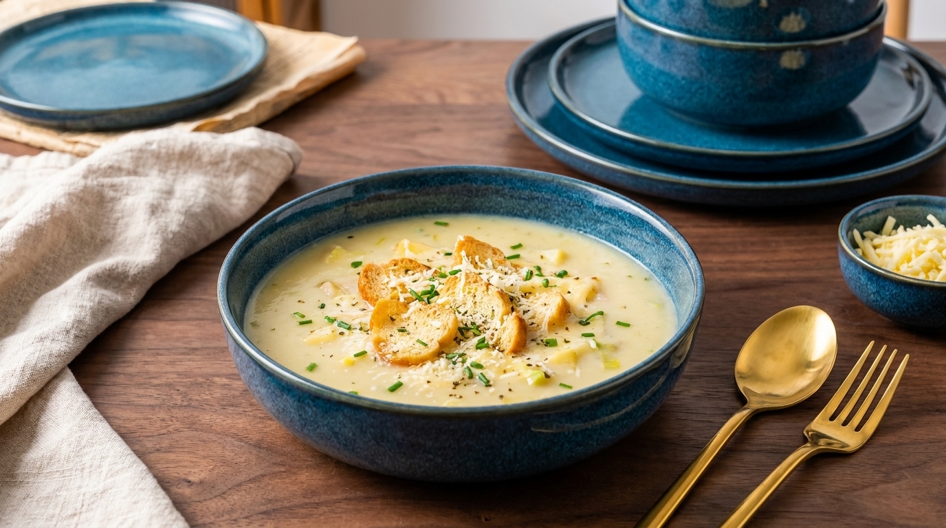 Blaue Schüssel mit cremiger Suppe, garniert mit Croutons, gehackten Kräutern und geriebenem Käse auf einem Holztisch.