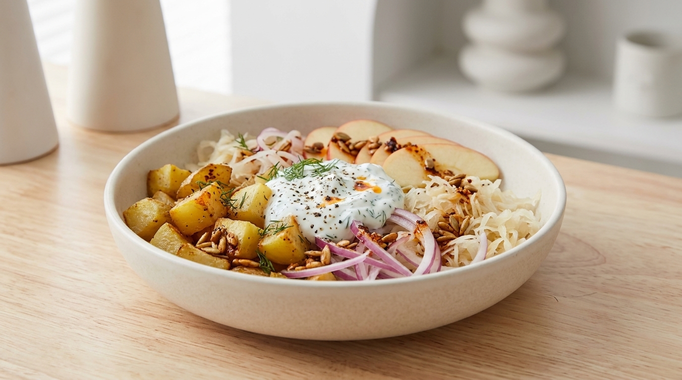 Schale mit herzhaftem Bowl: gebratene Kartoffelwürfel, dünne Apfelscheiben, Sauerkraut, rote Zwiebelstreifen, ein Klecks Kräuter-Joghurt und geröstete Körner als Topping.