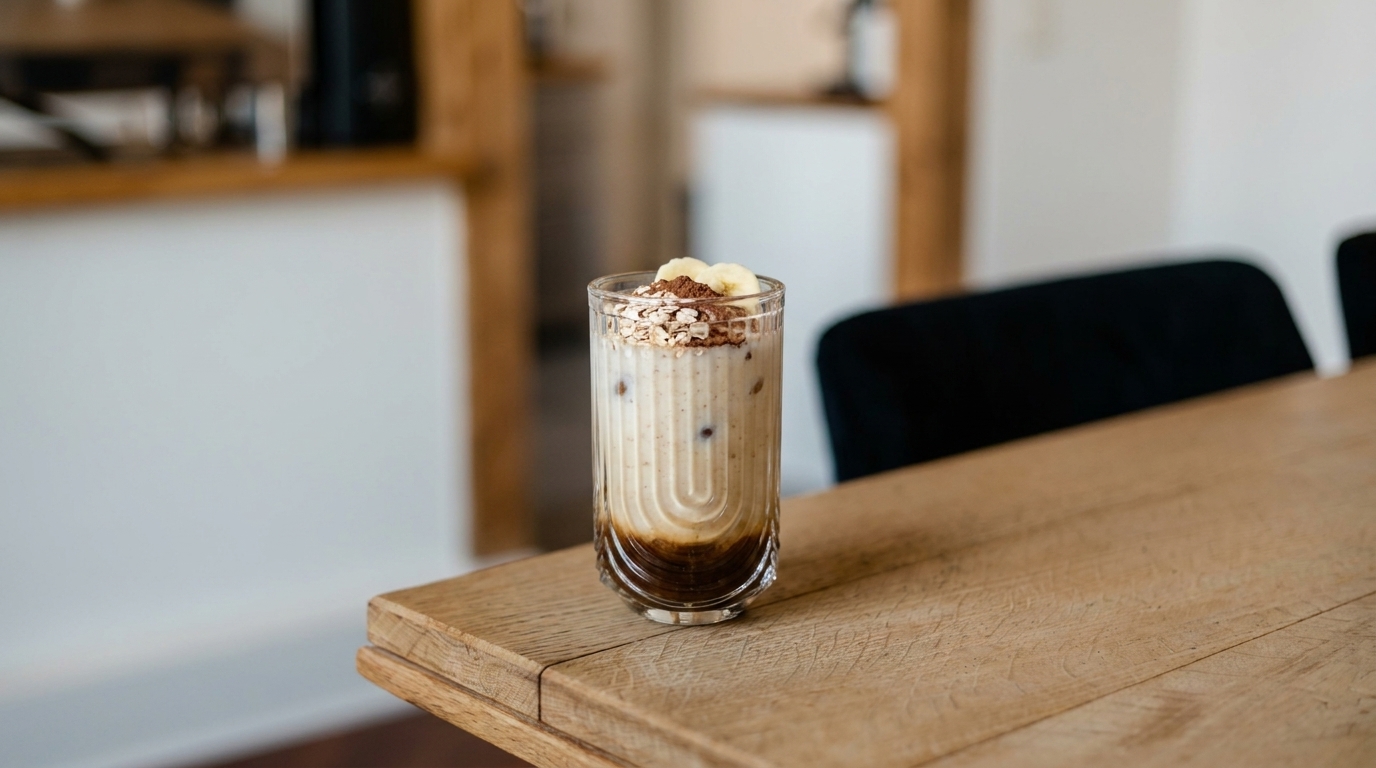 Glas Eiskaffee mit Schlagsahne, Schokoraspeln und Eiswürfeln auf einem Holztisch in einem Café.