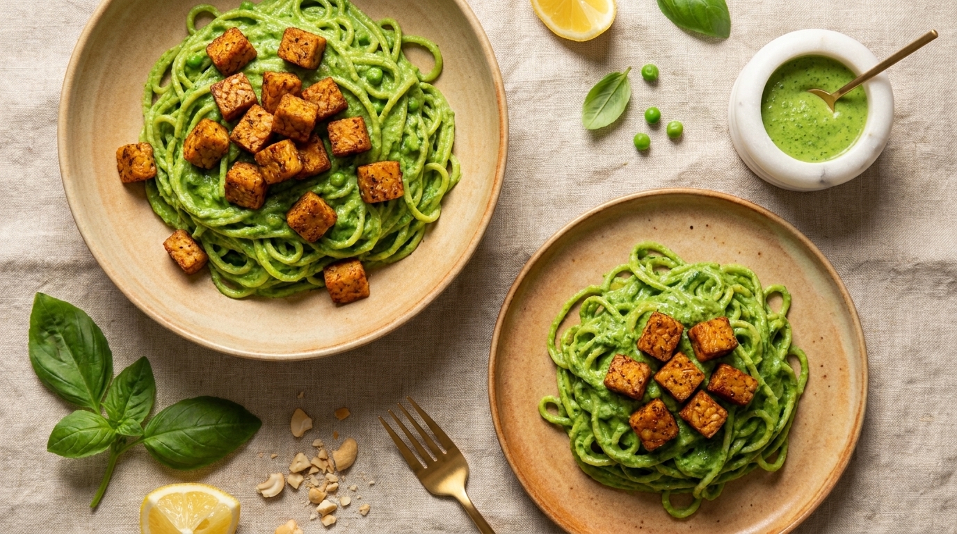 Zwei Teller mit grünen Pesto-Spaghetti, jeweils mit knusprigen, goldbraunen Tofuwürfeln garniert; Zitronenschnitz und Basilikum daneben.