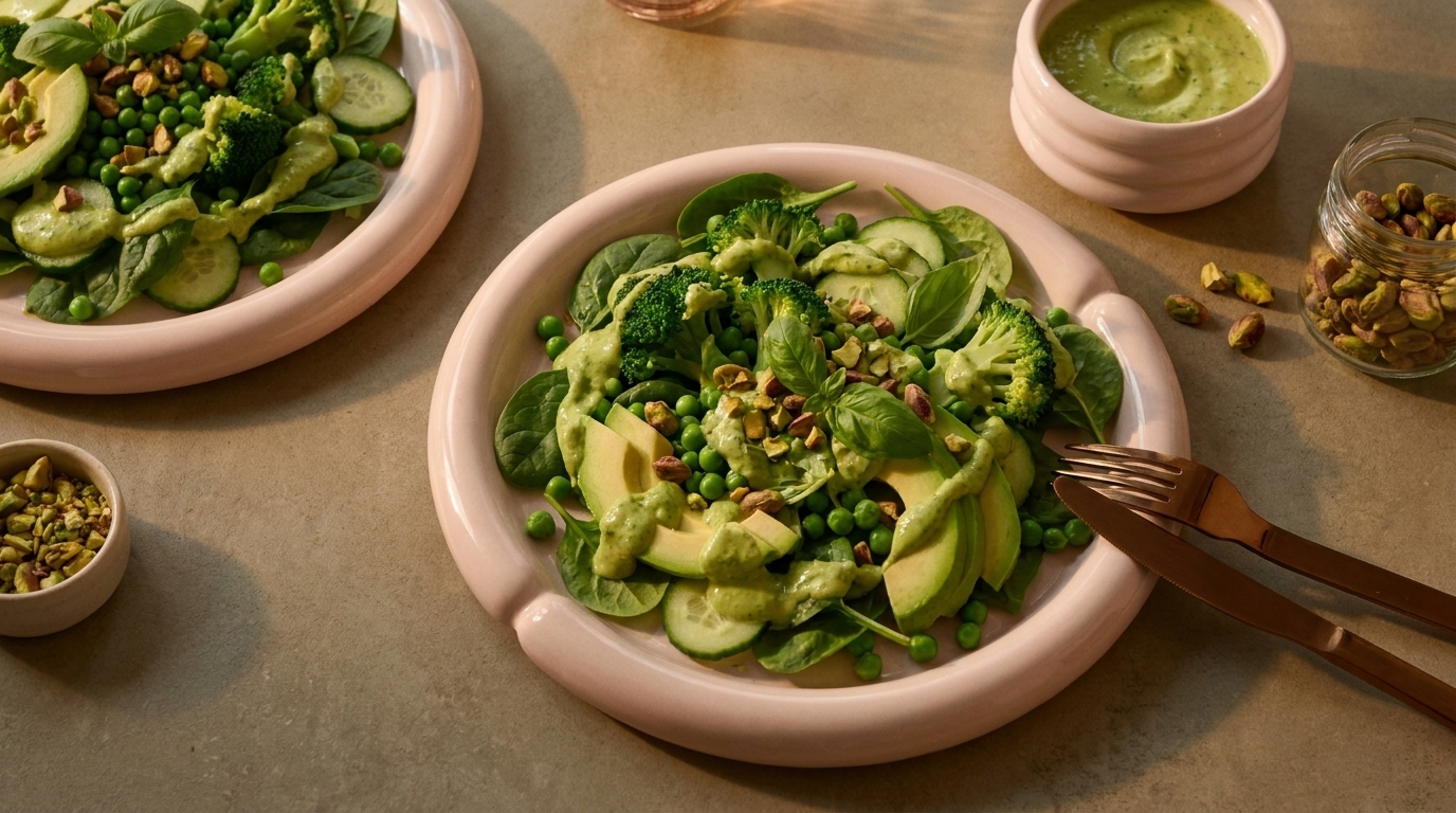 Zwei Teller mit grünem Salat: Spinat, Gurkenscheiben, Avocado, Erbsen, Brokkoliröschen und gehackte Pistazien, daneben eine Schale grünes Dressing.