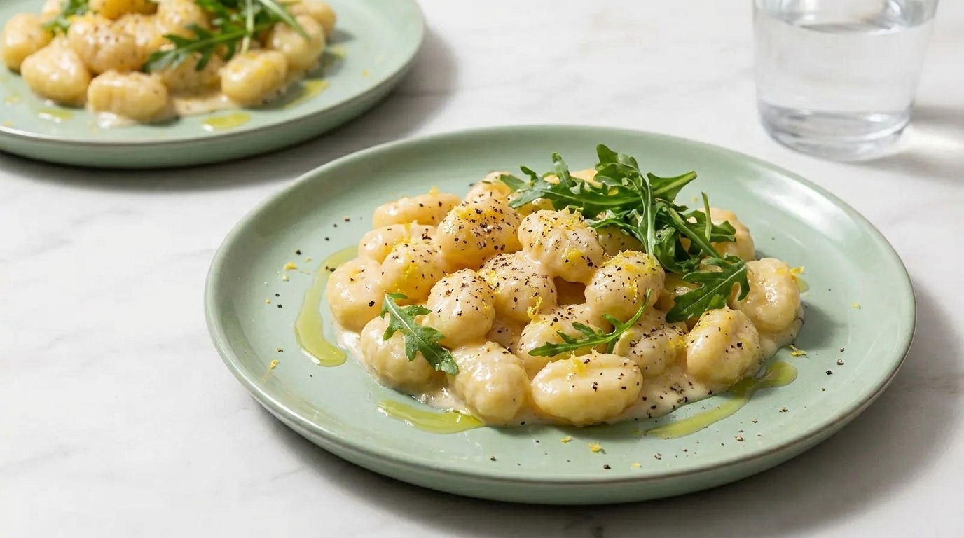 Grüner Teller mit Gnocchi in cremiger Sauce, beträufelt mit Olivenöl, bestreut mit schwarzem Pfeffer und garniert mit Rucola.