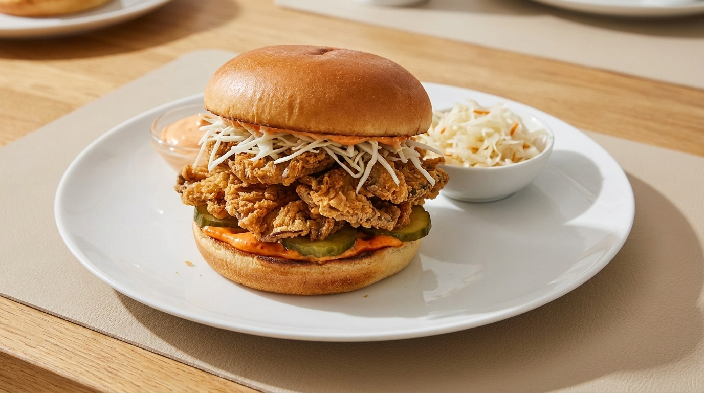 Knuspriger Chicken-Burger in weichem Brötchen mit frittiertem Hähnchen, eingelegten Gurkenscheiben und Krautsalat, auf einem weißen Teller neben einem kleinen Schälchen Coleslaw und Sauce.