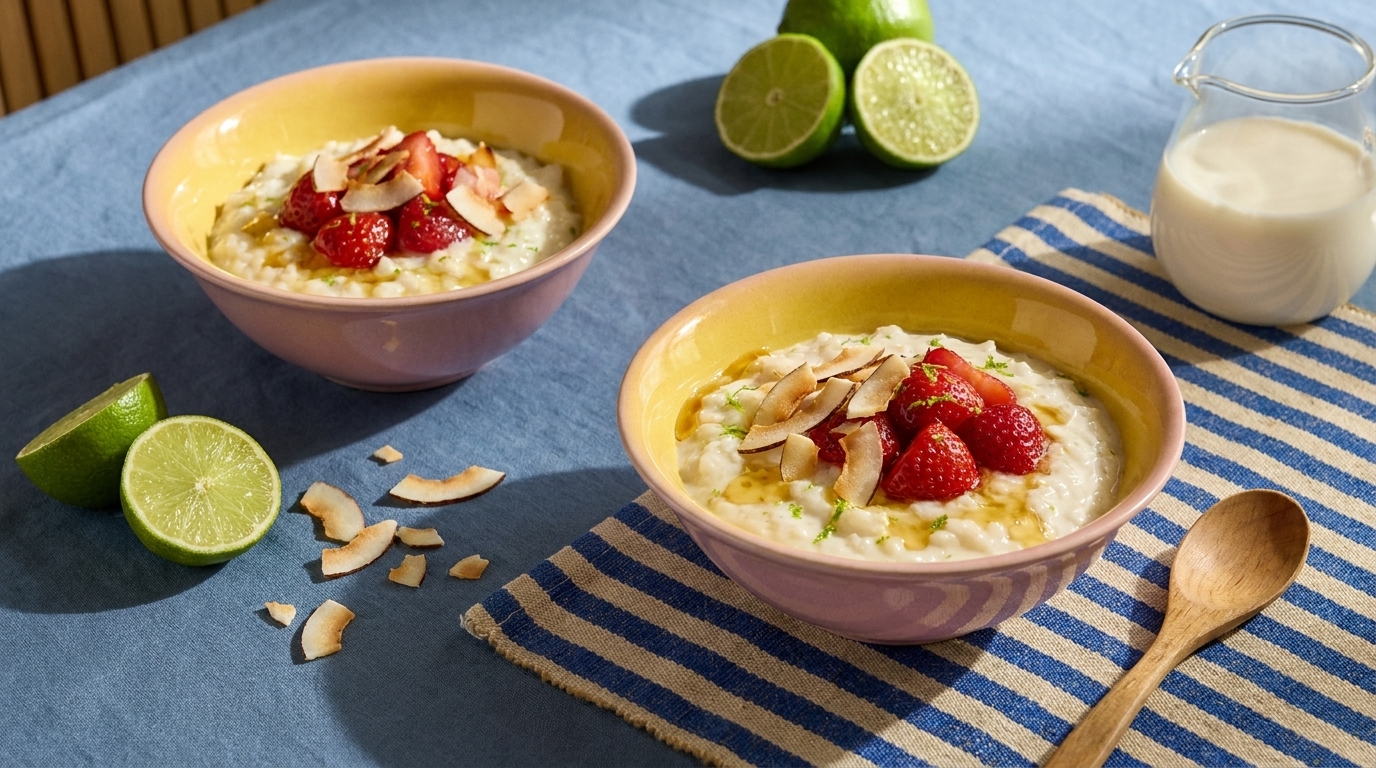 Zwei Schalen cremiger Milchreis, garniert mit frischen Erdbeeren, gerösteten Kokoschips und Limettenzesten; daneben Limettenhälften, ein Milchkännchen und ein Holzlöffel auf dem Tisch.