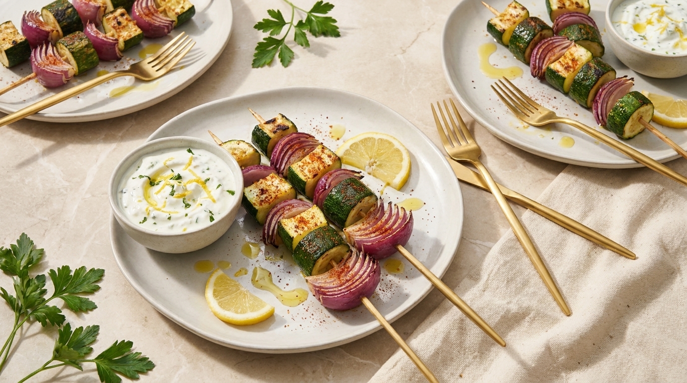 Zwei Grillspieße mit Halloumi, Zucchini und roten Zwiebeln auf einem Teller, serviert mit Zitronenscheiben und einer Schale Joghurt-Dip, garniert mit Petersilie.