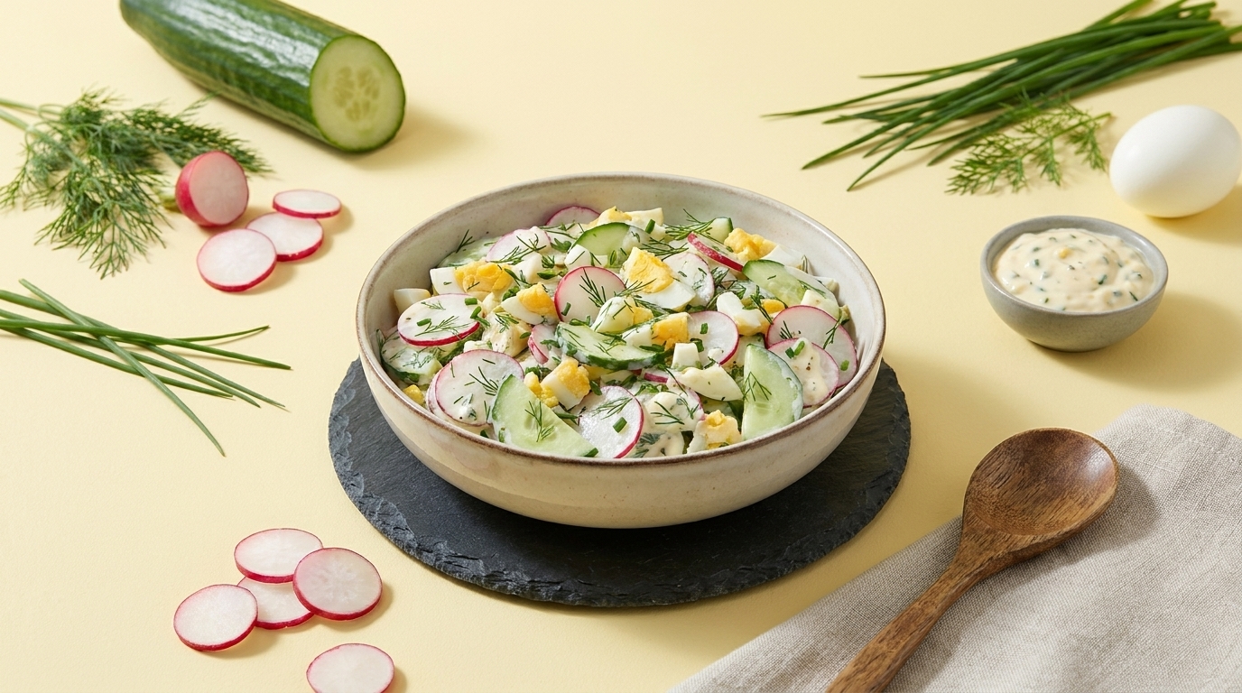 Schüssel mit frischem Gurken‑Radieschen‑Salat, gehacktem Ei und Kräutern, dazu cremiges Dill‑Dressing.