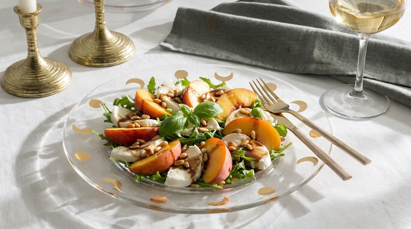 Frischer Sommersalat mit Pfirsich- und Mozzarellascheiben auf Rucola, garniert mit Basilikum, Pinienkernen und leichtem Dressing auf einem Glasteller.