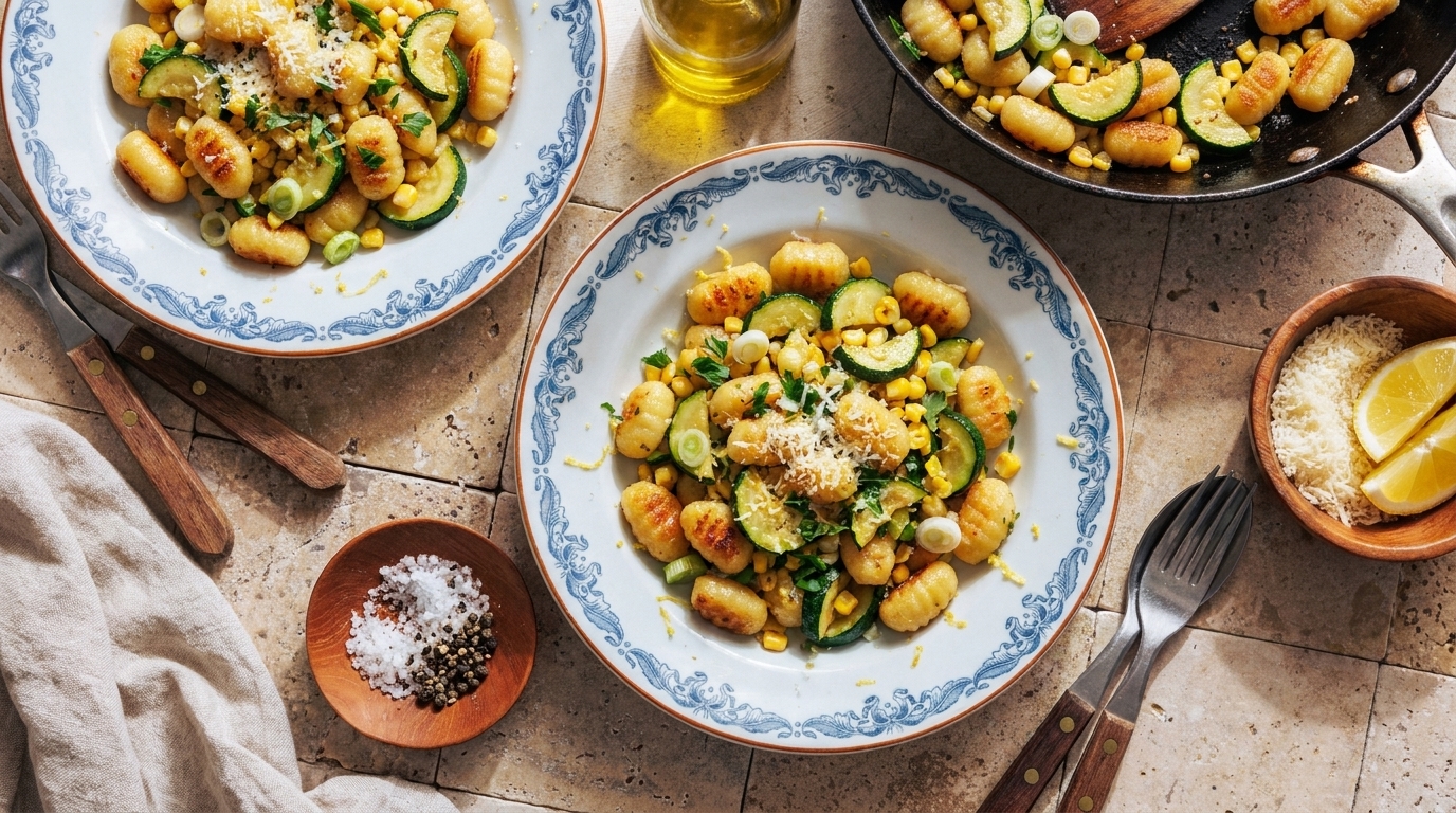 Zwei Teller und eine Pfanne mit gebratenen Gnocchi, Zucchini und Erbsen, bestreut mit geriebenem Parmesan und frischen Kräutern; Zitronenscheiben und Olivenöl daneben.