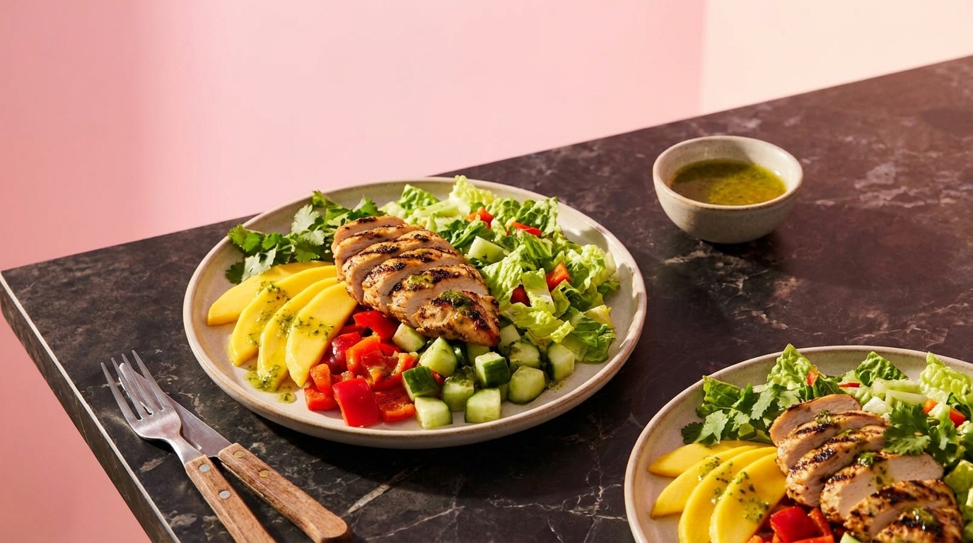Teller mit frischem Salat: in Scheiben geschnittene gegrillte Hähnchenbrust auf gemischtem Blattsalat, gewürfelte Gurke und rote Paprika sowie gelbe Scheiben (z. B. Mango). Daneben kleine Schale mit Dressing.