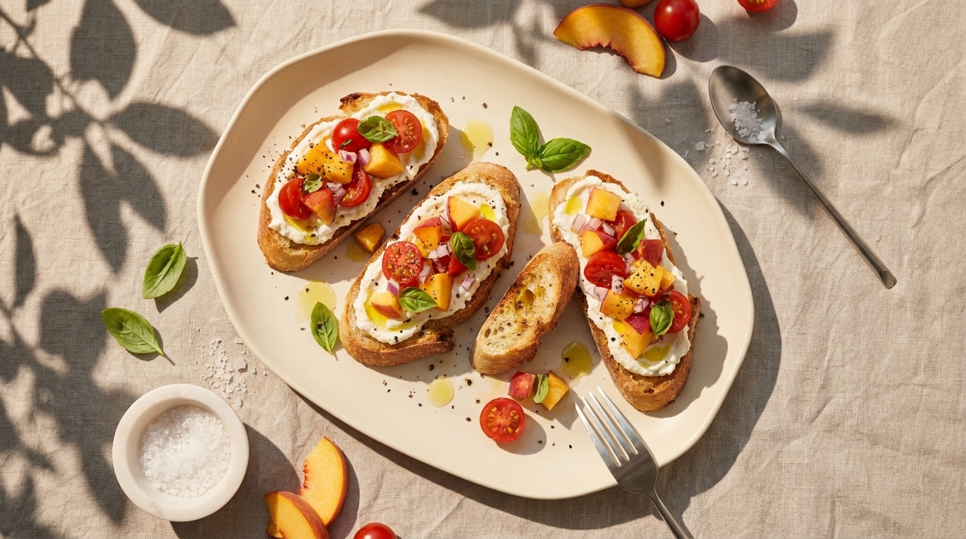 Ovaler Teller mit vier gerösteten Brotscheiben, belegt mit Frischkäse, Kirschtomaten, Pfirsichstücken, Basilikum, Olivenöl und schwarzem Pfeffer.