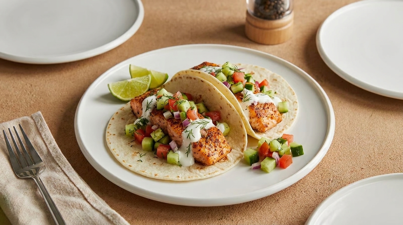 Zwei Fisch-Tacos auf Mais-Tortillas mit gegrilltem Fisch, Tomaten-Gurken-Salsa, Joghurt-Limettencreme und Dill, serviert mit Limettenspalten.