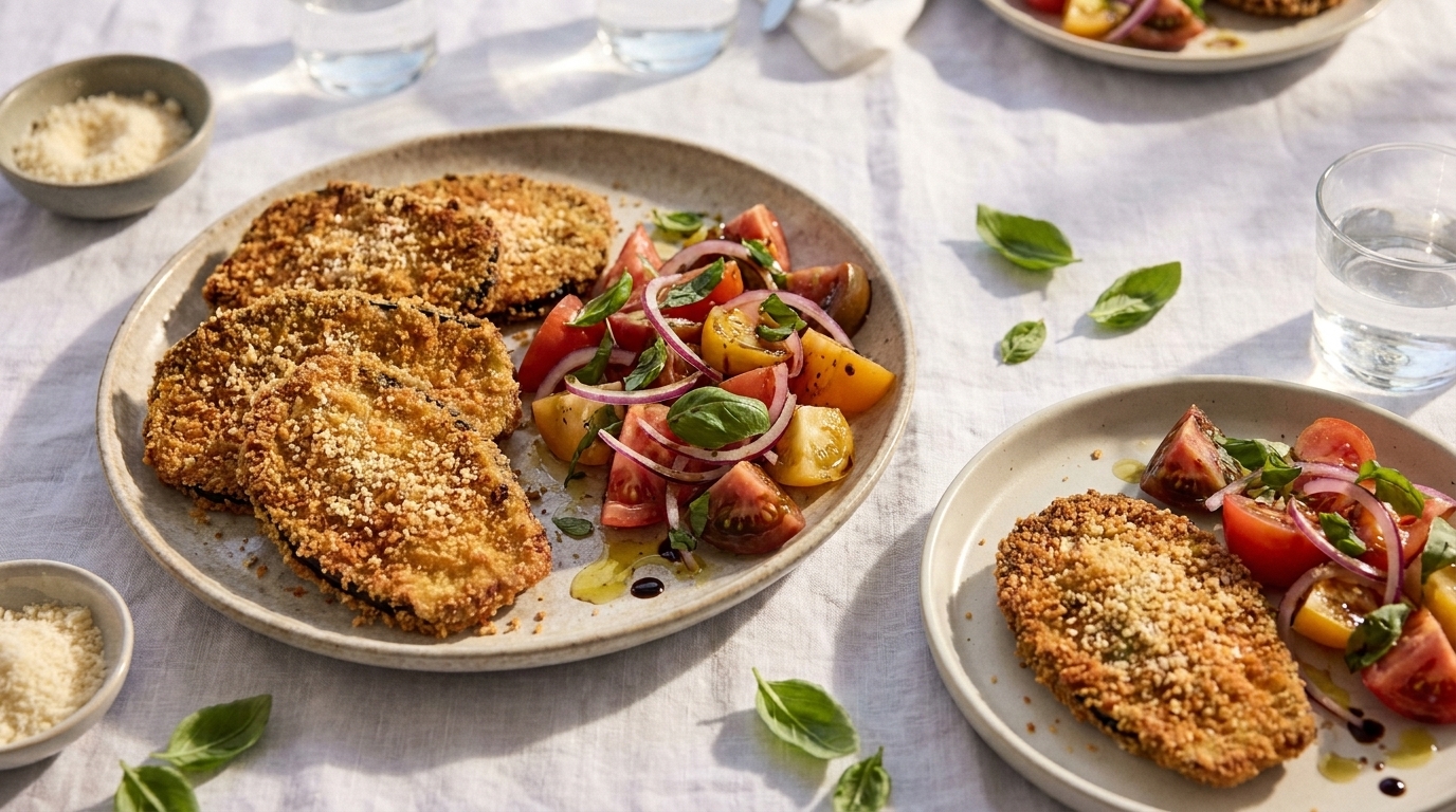 Zwei Teller mit panierten, sesambestreuten Schnitzeln, dazu bunter Tomaten‑Kartoffelsalat mit roten Zwiebeln, Basilikum und leichtem Dressing.