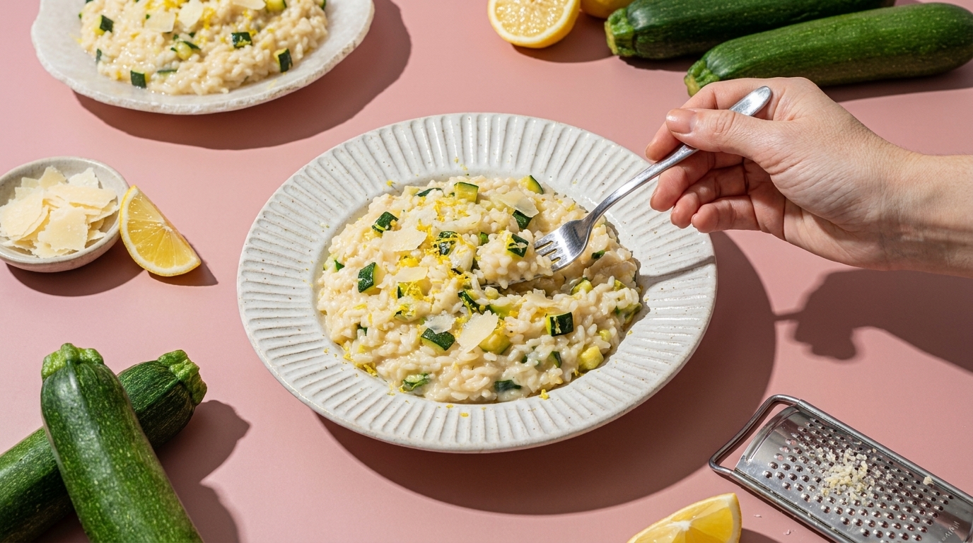 Teller mit cremigem Zucchini-Risotto, eine Hand führt eine Gabel zum Bissen; Zucchini, Zitronen und Käsereibe daneben.