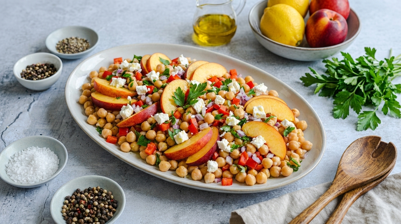 Teller mit frischem Kichererbsensalat: Kichererbsen, Pfirsichscheiben, zerbröselter Feta, gewürfelte Paprika und gehackte Petersilie.